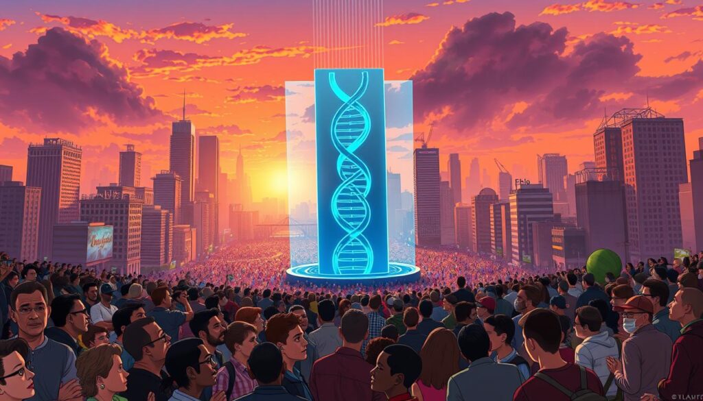A panoramic vista of a bustling city center, illuminated by the warm glow of the setting sun. In the foreground, a diverse crowd of people gathers, their faces reflecting a range of emotions - some apprehensive, others curious, a few even uneasy. The middle ground features a towering holographic projection, depicting a DNA helix and the CRISPR logo, casting an eerie blue light over the scene. In the background, skyscrapers and infrastructure fade into a hazy, uncertain future, hinting at the potential societal impacts of gene editing technology. The overall atmosphere evokes a sense of both wonder and unease, capturing the public's complex and multifaceted perception of this groundbreaking scientific advancement.
