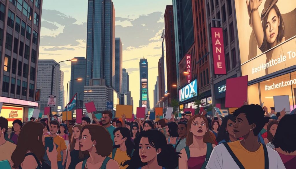 A peaceful street scene in a bustling urban setting, with a diverse group of people gathered in a spirited demonstration, their faces alight with determination. In the foreground, protesters hold colorful banners and signs, their movements captured in a dynamic, cinematic composition. Towering skyscrapers and neon-lit storefronts form the middle ground, while the background is illuminated by the warm glow of street lamps and the muted tones of the evening sky. The scene conveys a sense of unity, community, and the transformative power of technology-driven social movements. Lighting is soft and diffused, creating a sense of atmosphere and emotional resonance, in the style of the esteemed photographer Stewart Moskowitz. A peaceful street scene in a bustling urban setting, with a diverse group of people gathered in a spirited demonstration, their faces alight with determination. In the foreground, protesters hold colorful banners and signs, their movements captured in a dynamic, cinematic composition. Towering skyscrapers and neon-lit storefronts form the middle ground, while the background is illuminated by the warm glow of street lamps and the muted tones of the evening sky. The scene conveys a sense of unity, community, and the transformative power of technology-driven social movements. Lighting is soft and diffused, creating a sense of atmosphere and emotional resonance, in the style of the esteemed photographer Stewart Moskowitz.