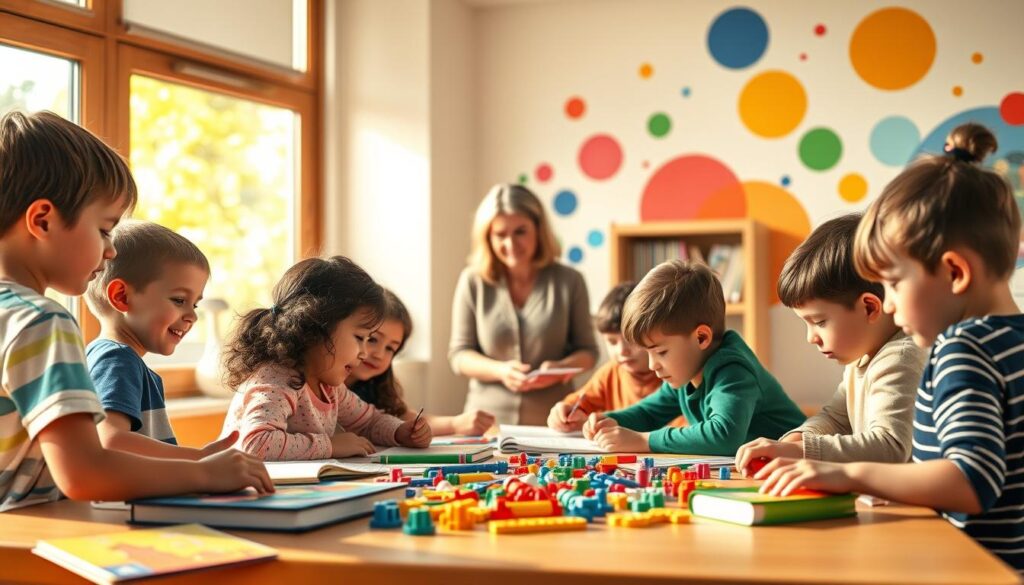 A cozy classroom setting, bathed in warm, natural light filtering through large windows. In the foreground, a group of engaged children, ages 7-11, gathered around a table, deeply immersed in various learning activities. Colorful learning materials, books, and puzzles surround them, hinting at the diverse cognitive challenges they are tackling. In the middle ground, the teacher, a kind and patient figure, observes their progress, ready to offer guidance and encouragement. The background depicts vibrant, abstract shapes and patterns, symbolizing the active mental processes unfolding within the young minds. The overall scene conveys a sense of intellectual curiosity, growth, and the joyful discovery that defines cognitive development in middle childhood, in the style of Stewart Moskowitz.