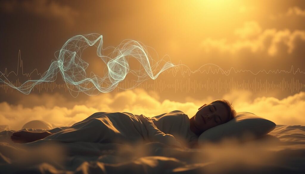 A serene dream landscape, bathed in a warm, diffuse light that subtly shifts between the stages of sleep. In the foreground, a peaceful silhouette of a sleeping figure, their slumber depicted through softly rendered forms and muted hues. Swirling, ethereal patterns of neural activity dance in the middle ground, visualizing the complex rhythms of the brain during REM and non-REM cycles. In the distant background, a subtly shifting abstract visualization of the various brainwave frequencies associated with each sleep stage, rendered in a subdued, calming palette. The overall atmosphere evokes a sense of tranquility and the mysteries of the sleeping mind, in the style of the visionary artist Stewart Moskowitz.
